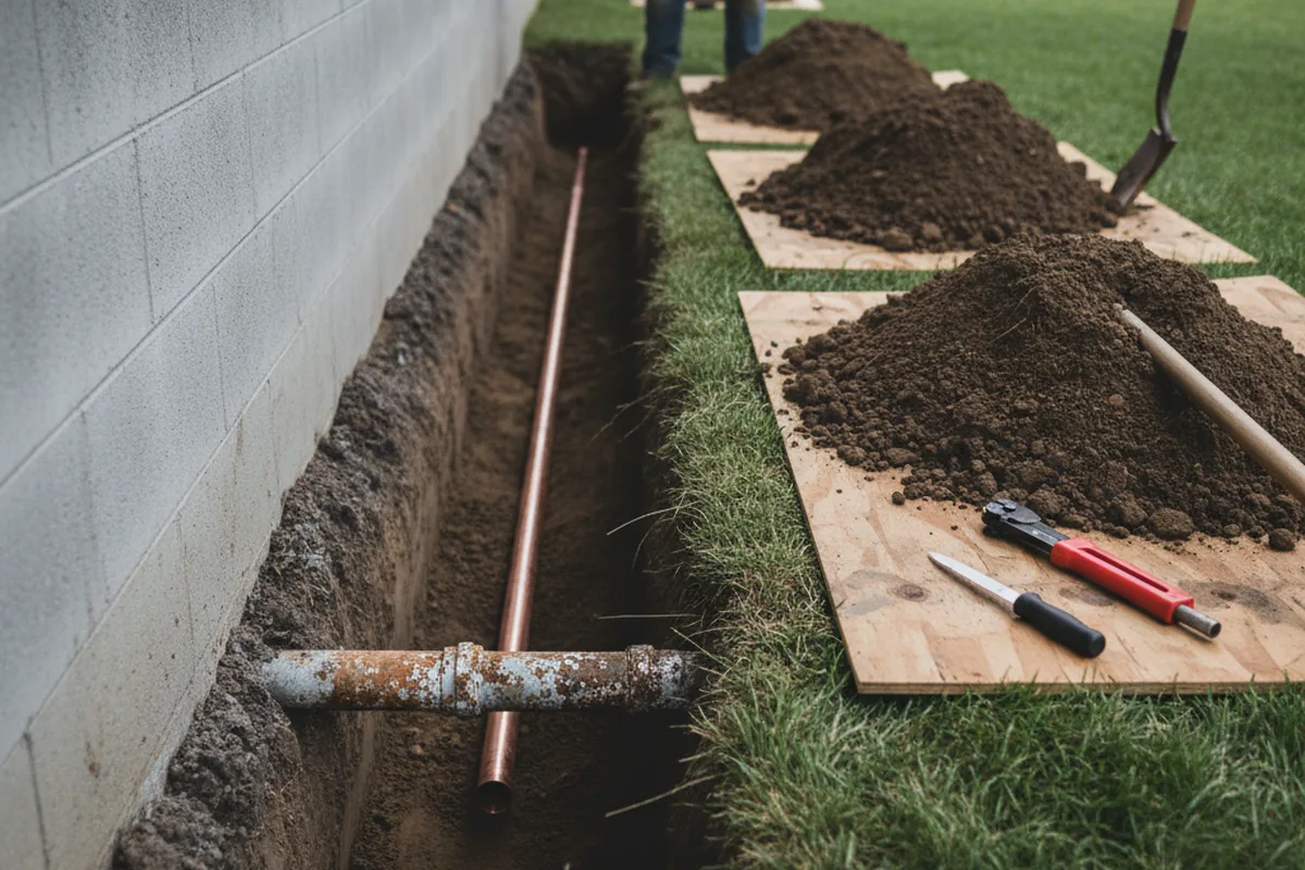 Excavated water line trench during Water Softener Installation in Mentcle